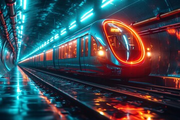 A glimmer of light cuts through the dark night as a train chugs steadily along the tracks, its powerful presence a symbol of unstoppable progress - obrazy, fototapety, plakaty