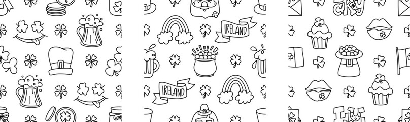 St Patricks day doodle style seamless pattern in black and white, hand-drawn icons background, cute Irish holiday symbols and elements collection.