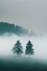 Fototapeta na wymiar Trees silhouettes, vertical shot. Moody foggy forest in nature landscape. Minimalistic background for social media post or smartphone wallpaper