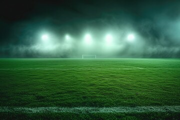 Obraz premium Vibrant soccer field at night, illuminated by floodlights. The sharp focus captures the well-maintained green grass and precision-cut lines. The soft glow creates a warm and inviting atmosphere