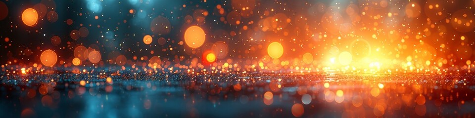 A mysterious amber glow pierces through the rain and heat, casting a blurry light on the dark waters of the night - obrazy, fototapety, plakaty