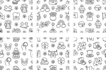 St Patricks day doodle style seamless pattern in black and white, hand-drawn icons background, cute Irish holiday symbols and elements collection. - obrazy, fototapety, plakaty