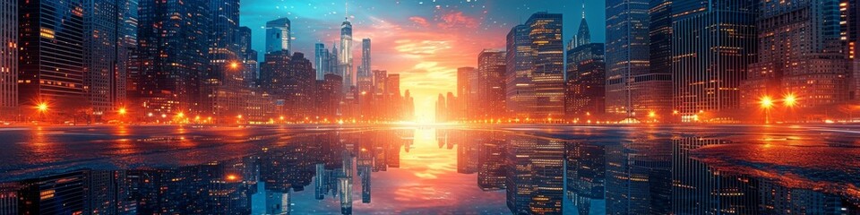A bustling metropolis, lit up by the city lights, reflects off the tranquil waters below as towering skyscrapers dominate the downtown skyline in the stillness of the night - obrazy, fototapety, plakaty