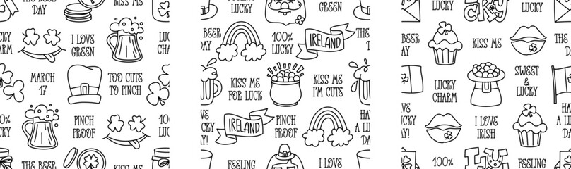 St Patricks day doodle style seamless pattern in black and white, hand-drawn icons and quotes background, cute Irish holiday symbols and elements collection.