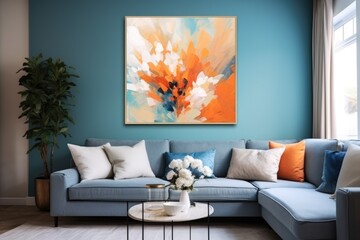 A comfortable living room with a blue couch and a vibrant painting adorning the wall, Play with orange and blue hues on a canvas to make them seem like splashing waters, AI Generated