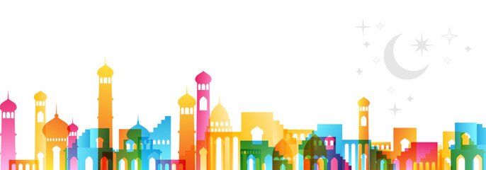 Muslim cityscape. Colorful horizontal border from traditional islamic architecture. Vector decorative divider.