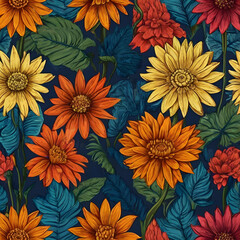 seamless pattern with flowers  nature  yellow  garden  orange   summer  plant ,Ai generated  