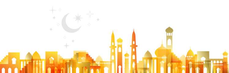 Muslim cityscape. Colorful golden horizontal border from traditional islamic architecture. Vector decorative divider.