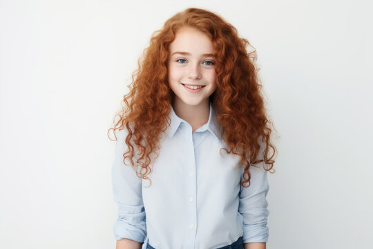 A young girl with vibrant red hair wearing a cheerful expression smiles warmly.