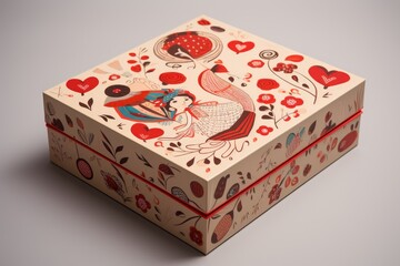 A sleek and minimalist design box with a captivating pattern, elegantly placed on a table to enhance any home decor, Playful Valentine's Day gift box with cartoon character designs, AI Generated