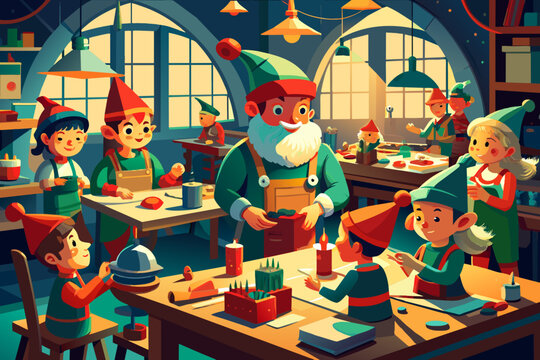 A group of playful elves crafting toys in Santa's workshop. vektor illustation