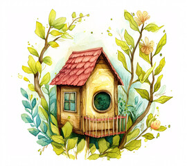 Spring Serenity: Vibrant Watercolor Depicting a Charming Blue Birdhouse, Blooming Flora, and a Joyful Bluebird in Nature's Renewal