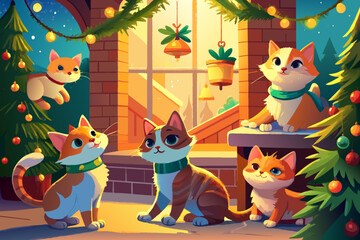 A group of playful kittens exploring a Christmas tree. vektor illustation