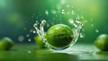 Fresh Lime with drops of water on light green blurred background