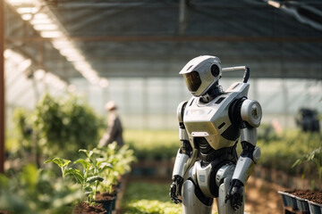 Smart robotic farmer in greenhouse on soft sunny rays. Concecpt of agriculture technology, Modern Farmer. AI generated
