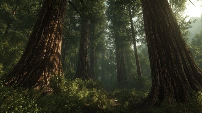A serene 3d virtual forest scene with tall, majestic trees, bathed in sunlight. The dense foliage creates a play of light and shadow on the forest floor