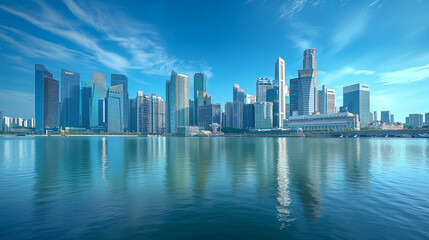 Fototapeta premium Coastal city skyline against blue sky.