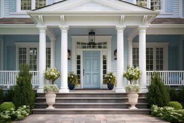 A photo of a house with blue exterior, adorned with white columns and featuring a vivid blue front door.