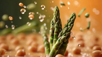 Fresh Asparagus with drops of water light blurred background