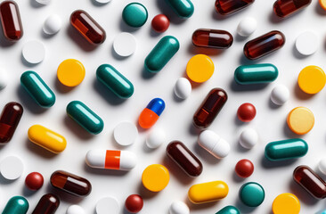 Pills on a white background. Multicolored vitamins full frame. Many different capsules. Pharmacy, chemistry concept. Abundance. Lots of antibiotics, drugs. Herbal medicine, chemical industry backdrop.