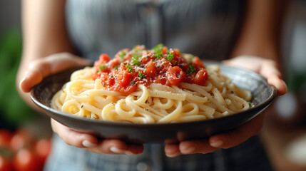 Plate of pasta with tomato sous on woman hands. Healthy food concept.