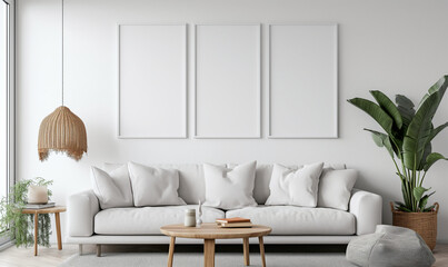 Mockup of three empty frames, modern design, mockup for picture advertising, living room