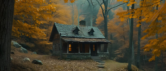 secluded writer's cabin in the woods during fall, wide shot to capture the solitude and inspiration amidst nature
