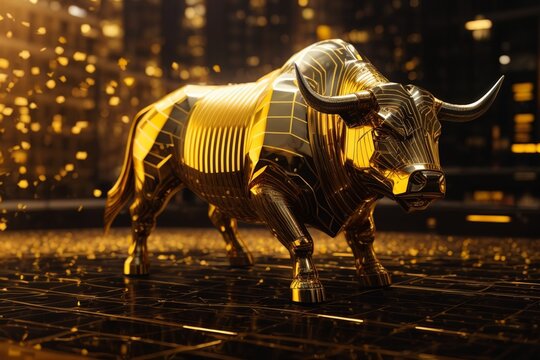 Golden bull on abstract financial chart stock market with golden lines on dark background. The concept of finance, investment, cryptocurrency, investing money, financial crises. AI