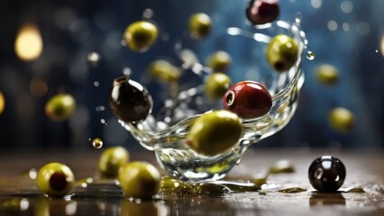Fresh olives with drops of water on light blurred background - obrazy, fototapety, plakaty