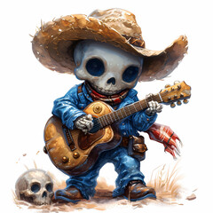 Cute skull playing electric guitar cartoon sticker - obrazy, fototapety, plakaty