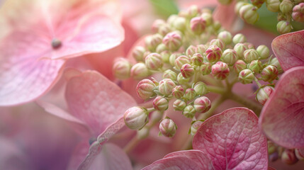 Close-up of hydrangea flowers and buds in soft light