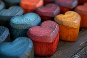 Obraz na płótnie Canvas A vibrant collection of heart-shaped wooden pieces, each painted in a rainbow of colors, arranged neatly on a smooth surface