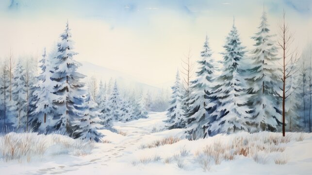Watercolor Winter Landscape with Coniferous Forest and Snow. Merry Christmas and Happy Winter