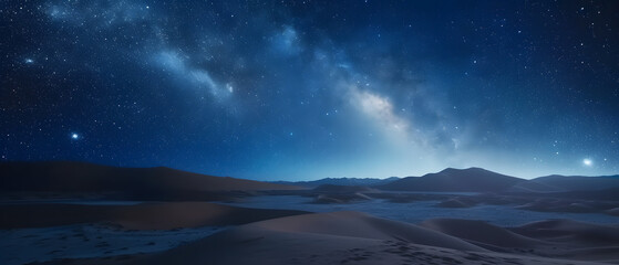 starry night sky over a remote desert, astrophotography, wide shot capturing the Milky Way in its...
