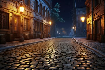 Nighttime cobblestone street in Europe with illuminated buildings and atmospheric streetlights