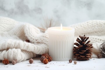Fototapeta na wymiar Winter Composition with Anise, Candles, and Knitted Sweater on White Background with Copy Space