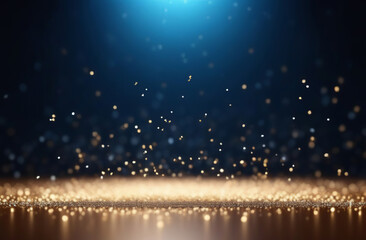 Abstract defocused background Gold foil texture. Holiday concept. Bright golden particle on dark blue. Christmas light shine bokeh. Glittering dust festive backdrop. Shiny lights for birthday design