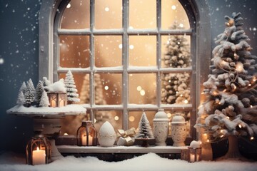 Magical Christmas Window with Festive Decorations and Snowy Winter Scene