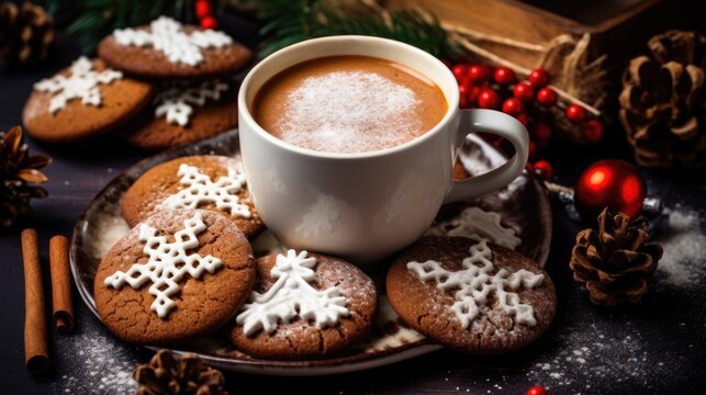 Spiced Hot Chocolate and Homemade Gingerbread Cookies for Christmas. Delicious and Sweet Desserts