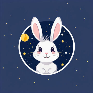 rabbit in the night in flat style design isolated in the center of the image with a solid color background  