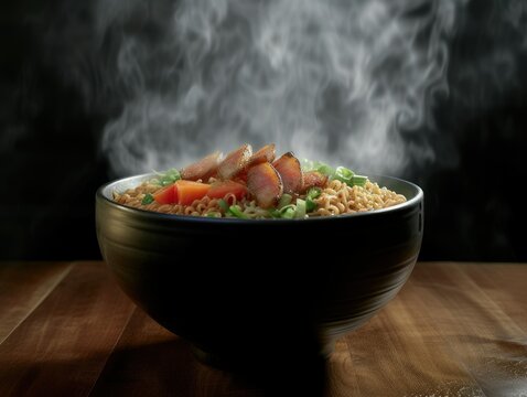 A mouthwatering bowl of ramen with steamy noodles, succulent pork, and fresh vegetables. This hyper-realistic image captures the warmth and depth of Japanese cuisine