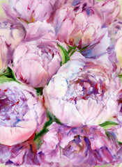 Seamless pattern of pink peonies, floral background. Watercolor illustration.