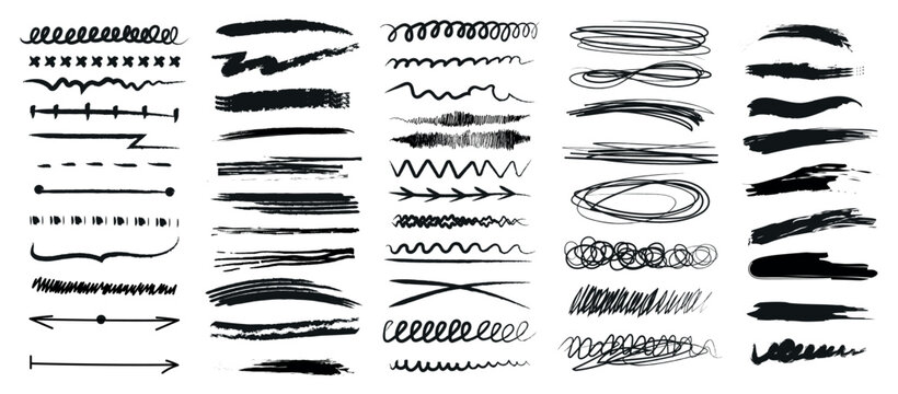  Set of doodles with charcoal, rough brush in grunge style. shapes, figures, lines, doodles, strokes for web design, collage design, postcards, social networks. Collection of school drawings. 