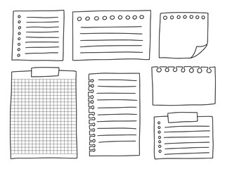 Set of hand drawn memo paper sheets and sticky notes. Doodle sketch paper blank notes vector set