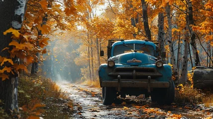 Foto op Plexiglas A blue heavy car driving through a vibrant autumn forest, leaves falling as it conquers the terrain. © Amazing-World