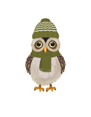 Cute owl with green scarf and cap. vector