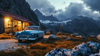 Cercles muraux Alpes A blue heavy car parked at a remote mountain cabin, its presence blending with the rugged surroundings.