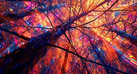 Vibrant Neon Dreamscape: A Fusion of Nature and Technology in an Upward Forest Perspective