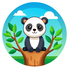 flat logo of Vector cute panda cartoon on a tree illustration