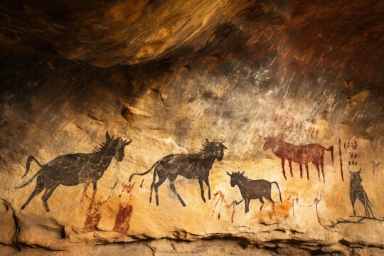 An awe-inspiring depiction of various prehistoric animals painted on a cave wall, showcasing a vibrant ecosystem from the past, Prehistoric cave painting with modern twist, AI Generated